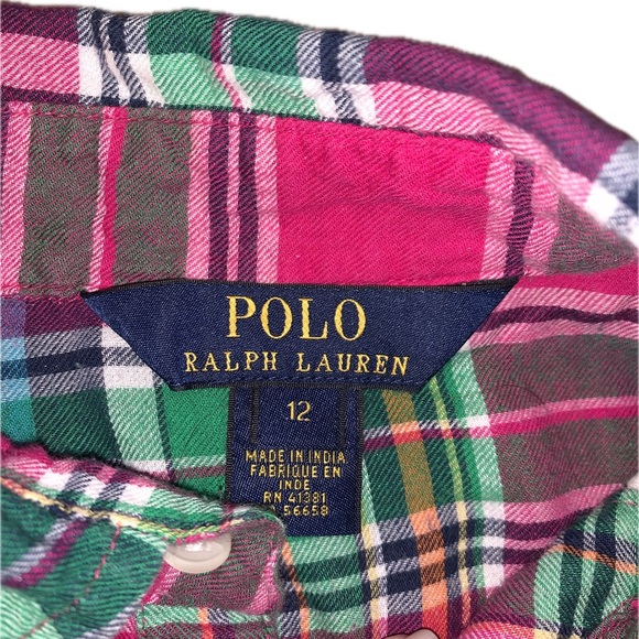 Polo Ralph Lauren Girls Plaid Flannel Cotton Button Down Collar Shirt Tunic 12 - Picture 4 of 10
